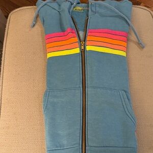 Aviator Nation Blue Hoodie with Rainbow Stripes